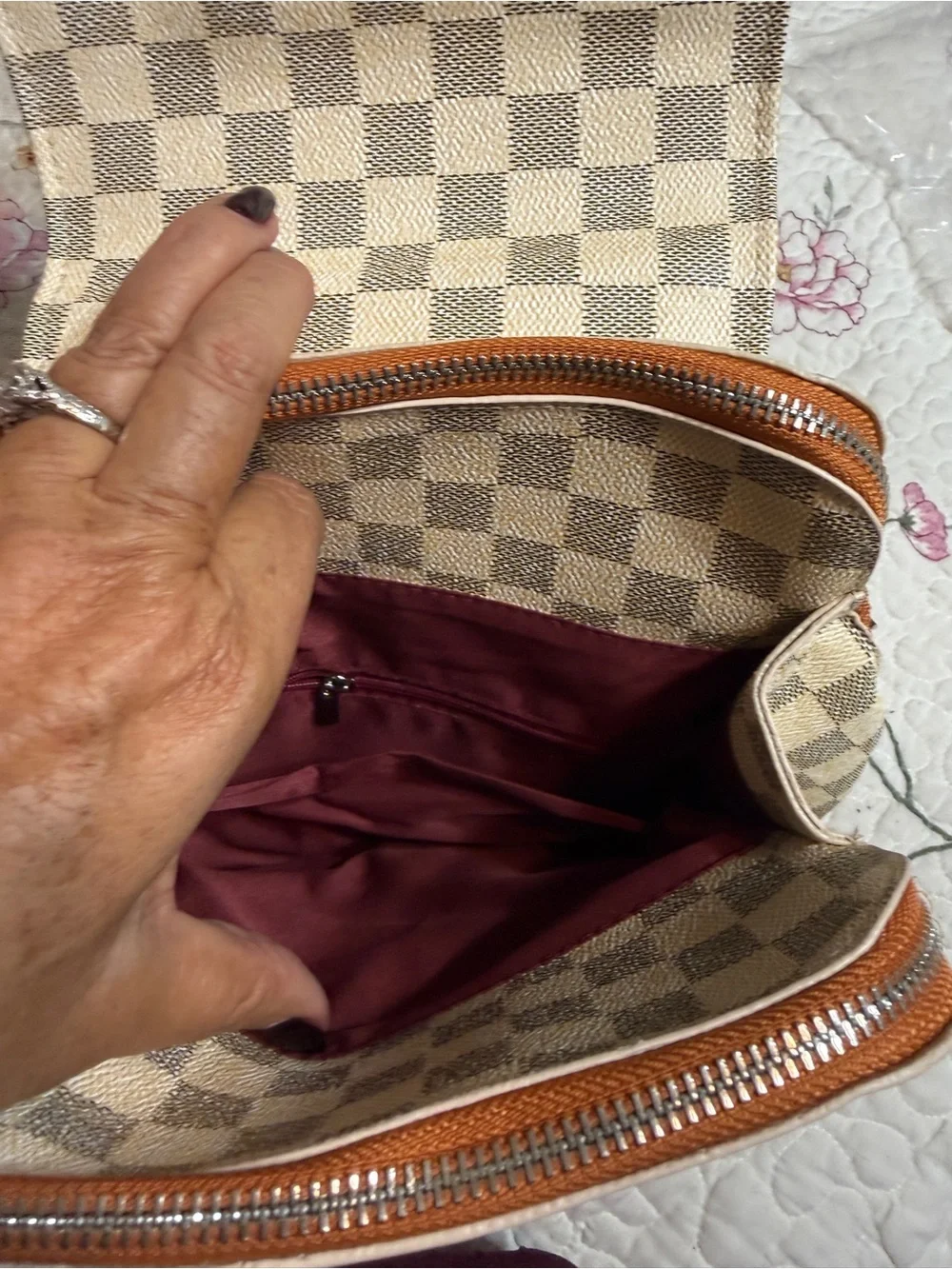 Designer inspired Cream & Beige Checkered Backpack Tan Straps Orange Zipper